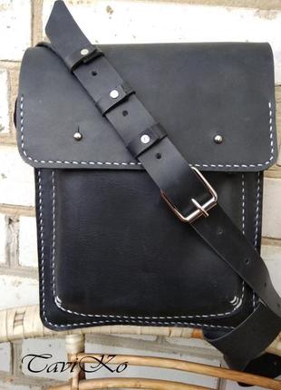 Мужская кожаная сумка, черная сумка, шкіряна сумка, чоловіча чорна сумка, шкіра крейзі хорс кросбоді