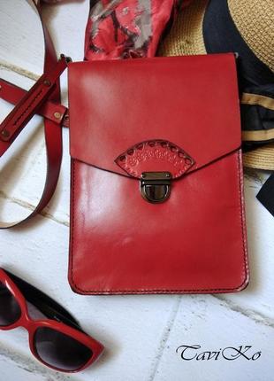 Кожаная женская сумка, красная сумка, кроссбоди, шкіряна жіноча сумка,червона сумка, кросбоді