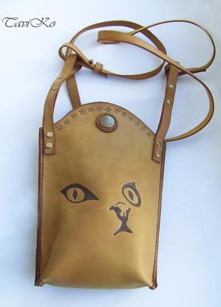 Маленькая сумка, крейзи хорс, сумка с рисунком, шкіряна маленька сумка з пірографією, кросбоді