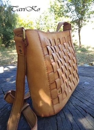 Жіноча шкіряна сумка, сумка на плече, светлая сумка, женская кожаная сумка, плетеная кожаная сумка7 фото
