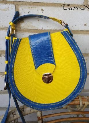 Шкіряна жіноча сумка, жовто-синя кросбоді яскрава кругла сумка яркая сумка кожаная желто-синяя сумка2 фото