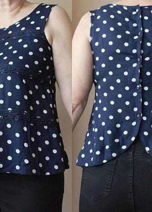Блуза блузка натуральна в горох горошок синій з білим 100% віскоза вільна пряма