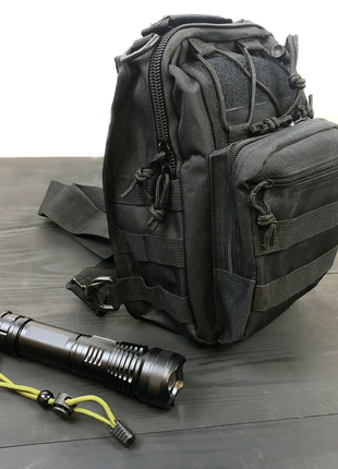 Набір: армійська чорна сумка + тактичний ліхтар професійний polic3 фото