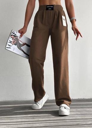 Женские брюки двунить свободного кроя высокая посадка пояс на резинке боковые карманы1 фото
