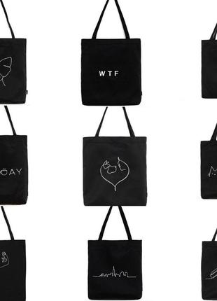 Эко-сумка шоппер черная с вышитым рисунком книги6 фото