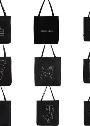 Эко сумка тканевая с вышитым рисунком собачка черная7 фото