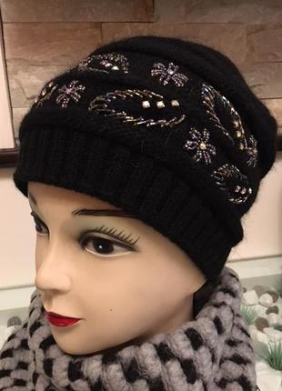 Зимова жіноча шапка в'язана, розмір 55-57, вовняна2 фото
