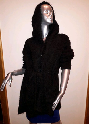 Кардиган чорний теплий з поясом і кишенями, довга тепла кофта