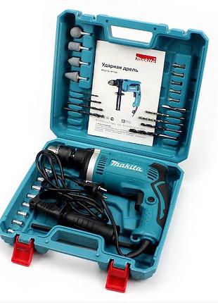 Ударная дрель makita hp1630 (710 вт, 0-3200 об./мин.) с набором сверл, бит, камней. ударная дрель макита