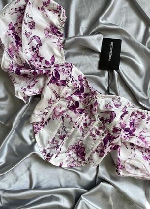 Топ корсет блуза с объемными рукавами в цветочный принт корсетная3 фото