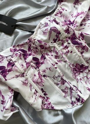 Топ корсет блуза с объемными рукавами в цветочный принт корсетная4 фото