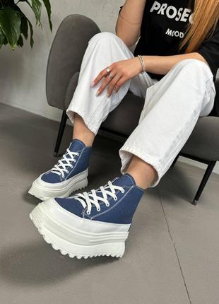 Синие джинс женские кроссовки кеды на высокой подошве утолщенной из натуральной кожи кожаные высокие кроссовки кеды кожа4 фото