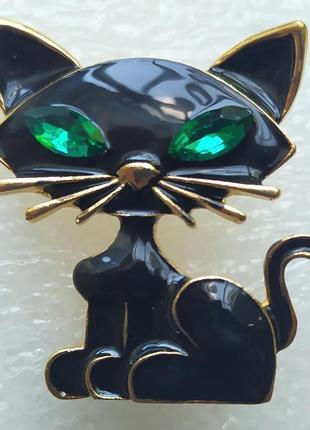 Яскрава брошка кіт кішка з зеленими очима біжутерія1 фото