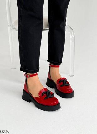 Натуральные кожаные лакированные красные закрытые босоножки - открытые туфли3 фото