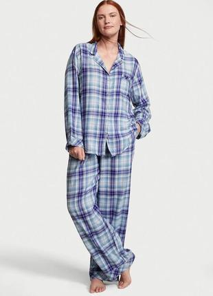 Піжама victoria's secret flannel long pajama set фланелева (сорочка+штани) xs блакитна