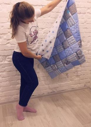 Детское одеяло пэчворк-синий лоскутный плед-подарок для мальчика на крестины4 фото