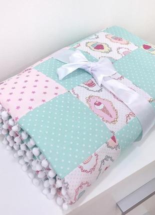 Клаптева дитяче ковдру-подарунок для дівчинки-плед з помпонами-подарунки для новонароджених