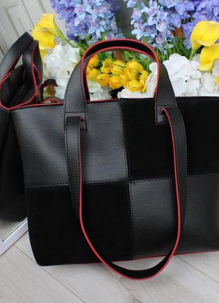 Женская стильная и качественная сумка шоппер из натуральной замши и эко кожи черная с красным