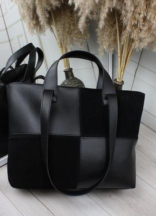 Жіноча стильна та якісна сумка шоппер з натуральної замші та еко шкіри чорна