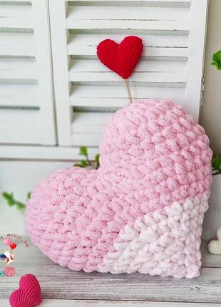 Подушка серце, в'язана подушка, інтер'єрна подушка, подушка з пуффи, рожева подушка серце2 фото