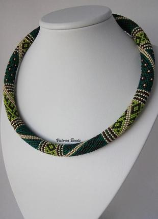 Изумрудное зеленое пэчворк ожерелье жгут из японского бисера4 фото