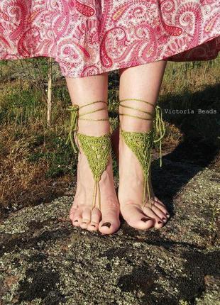 Зелені ажурні бохо сандалі, прикраса для пляжного весілля. літні босі сандалі6 фото