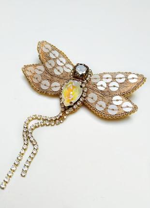 Брошь стрекоза бабочка пудровая с длинным хвостом, 63 мм