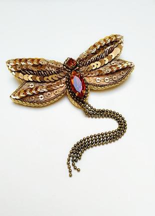 Бронзовая брошь стрекоза-бабочка с кристаллами, 63 мм