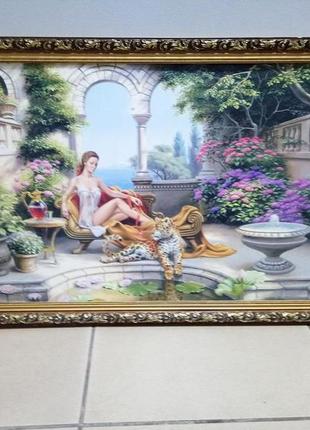 Картина фотопринт "дівчина з леопардом" 108х58см.