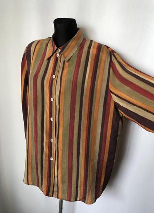 Винтаж полосатая блузка-рубашка купро в коричневых тонах ах вискозыа 90-е перламутровые пуговицы3 фото
