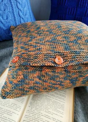 Диванна подушка (наволочка) декоративна в'язана меланж помаранчева на гудзиках  - 40*40 см3 фото