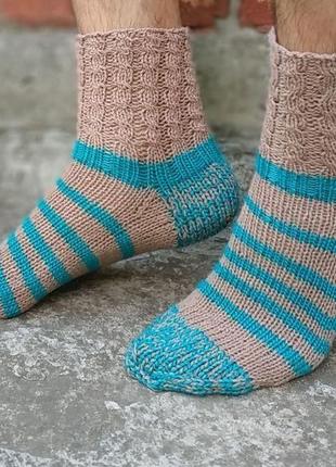 Мужские вязаные шерстяные носки бежевые с бирюзой1 фото