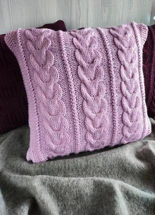 Диванная подушка (наволочка) вязаная розовая на пуговицах - 40*40 см1 фото