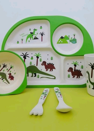Дитячий бамбуковий посуд діно, динозаврики, бамбукова посуда
