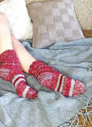 Теплые вязаные шерстяные носки в полоску - бордовые 33-34 р2 фото