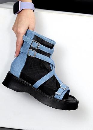 Летние ботинки босоножки из сетки деним синие черные6 фото