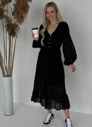 Платье миди хлопковое из прошвы бохо белое жёлтое чёрное лаванда ажурное с рукавами фонариками