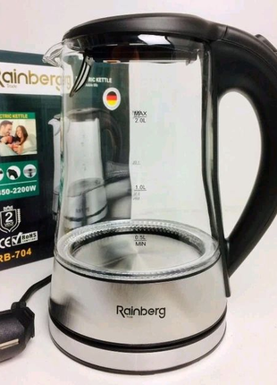 Стеклянный электрический чайник на 2 литра rainberg rb704 с led п