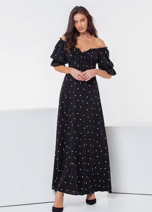Платье чёрное в горошек макси длинное в пол с разрезом на юбке с рукавами фонариками приталенное с корсетной шнуровкой крестьянка супер батал9 фото