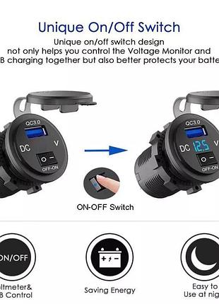 Швидка зарядка qc 3.0, 12в - 24в + вольтметр / врізна розетка5 фото