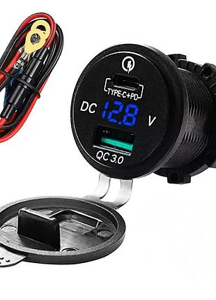 Автомобільний зарядний type c pd qc 3.0 (12в - 32в) + вольтметр