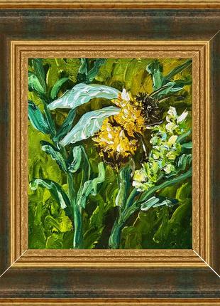 Картина масляными красками на холсте шмель пчела природа белые цветы зеленые листья в раме2 фото