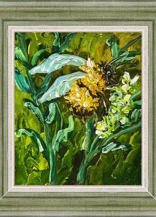 Картина масляными красками на холсте шмель пчела природа белые цветы зеленые листья в раме