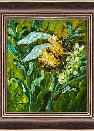 Картина масляными красками на холсте шмель пчела природа белые цветы зеленые листья в раме