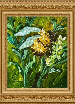 Картина масляными красками на холсте шмель пчела природа белые цветы зеленые листья в раме