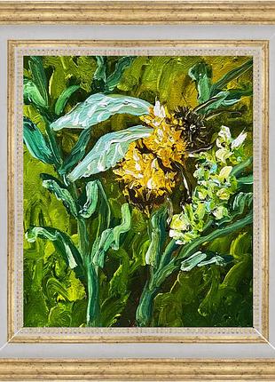 Картина масляными красками на холсте шмель пчела природа белые цветы зеленые листья в раме