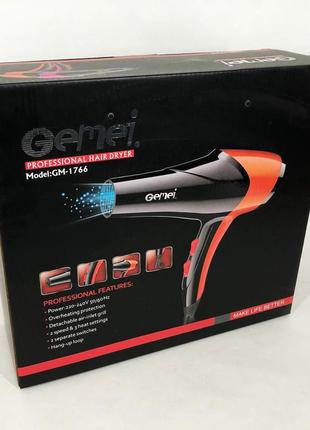 Фен gemei gm-1766 2.6 квт ас, фен для головы, женский фен для волос, фен сушка. цвет: оранжевый2 фото