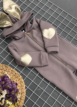 Суцільний теплий комбінезон зайчик з вушками, на флісі