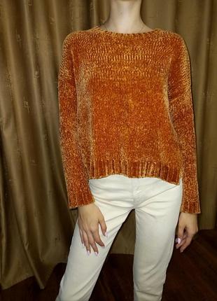 Теплый вельветовый / плюшевый оранжевый свитер1 фото