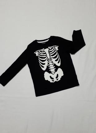 Лонгслив кофта черная с люминесцентным принтом скелета  1- 2 года  хлопок